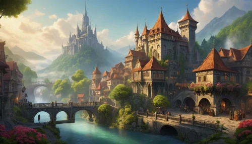 fantasy landscape,fantasy city,fantasy picture,ancient city,fantasy world,medieval town,fairy tale castle,knight village,city moat,3d fantasy,fantasy art,castle of the corvin,medieval architecture,medieval,heroic fantasy,northrend,aurora village,mountain settlement,water castle,spa town,Illustration,Abstract Fantasy,Abstract Fantasy 05