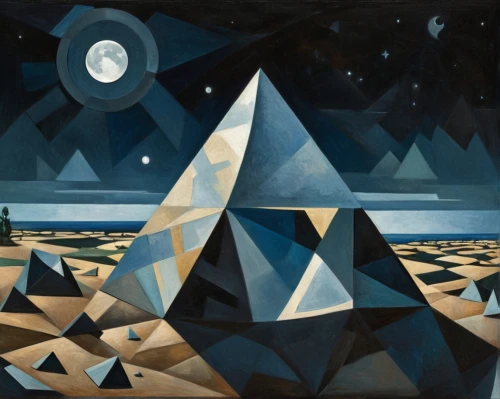 night scene,lunar landscape,moonscape,the ethereum,escher,panoramical,pyramids,moonlit night,polygonal,matruschka,ethereum icon,ethereum,northernlight,low poly,night stars,moon valley,ethereum logo,triangles background,valley of the moon,low-poly,Art,Artistic Painting,Artistic Painting 45