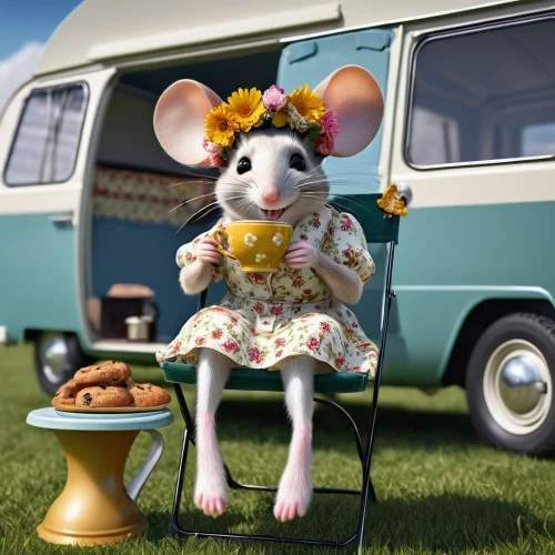 campervan,whimsical animals,camper van,vwbus,anthropomorphized animals,cute cartoon character,caravanning,rving,ice cream van,animals play dress-up,white footed mouse,dormouse,field mouse,camper,vintage mice,white footed mice,motorhomes,dormobile,cheese truckle,motorhome