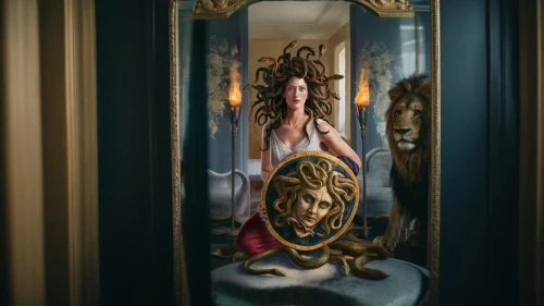 medusa,medusa gorgon,cleopatra,the mirror,magic mirror,merida,golden wreath,girl in a wreath,cybele,priestess,venetian mask,doll looking in mirror,water nymph,trioceros,mirror of souls,she feeds the lion,makeup mirror,athena,gorgon,outside mirror