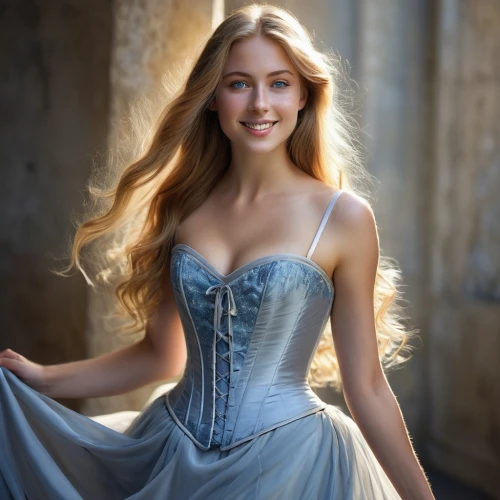 celtic woman,cinderella,bodice,rapunzel,elsa,girl in a long dress,ball gown,a girl in a dress,young woman,corset,evening dress,beautiful young woman,strapless dress,blue dress,enchanting,a charming woman,pretty young woman,country dress,blonde in wedding dress,elegant,Illustration,Realistic Fantasy,Realistic Fantasy 16