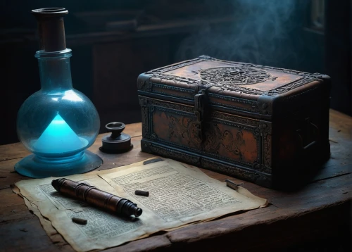 potions,alchemy,treasure chest,potion,apothecary,candlemaker,incense with stand,magic grimoire,oil lamp,divination,kerosene lamp,christopher columbus's ashes,music chest,incense burner,conjure up,tinsmith,spell,wooden box,incense,bannack assay office,Illustration,Realistic Fantasy,Realistic Fantasy 05
