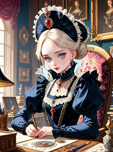 victorian lady,victorian style,victorian,game illustration,the victorian era,girl studying,aristocrat,meticulous painting,rococo,gothic portrait,old elisabeth,alice,french digital background,baroque,tutor,painter doll,illustrator,fantasy portrait,watchmaker,monoline art,Anime,Anime,General