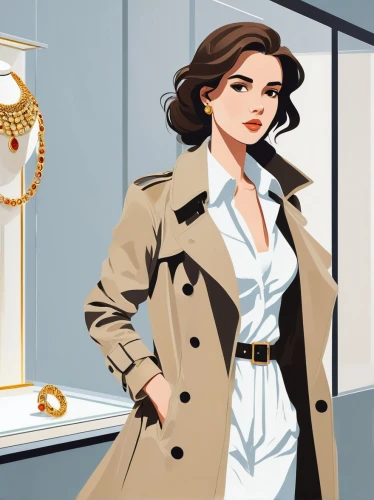 fashion vector,watchmaker,fashion illustration,trench coat,jewelry store,art deco woman,businesswoman,shopping icon,cartier,business woman,shopping icons,art deco background,overcoat,spy visual,woman in menswear,ladies pocket watch,dressmaker,pocket watches,game illustration,white-collar worker,Illustration,Japanese style,Japanese Style 06
