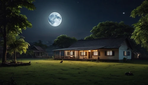 lonely house,night scene,moonlit night,home landscape,small cabin,little house,house in the forest,small house,miniature house,cottage,moonlight,summer cottage,moonlit,night image,beautiful home,wooden house,fantasy picture,moon at night,inverted cottage,world digital painting,Photography,General,Realistic