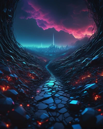 futuristic landscape,fantasy landscape,virtual landscape,3d fantasy,alien world,pathway,fantasy city,dusk,dusk background,fantasia,vast,the path,3d background,barren,road of the impossible,alien planet,the mystical path,descent,hollow way,vapor,Photography,Artistic Photography,Artistic Photography 10