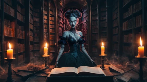 librarian,magic grimoire,gothic portrait,dark art,priestess,sorceress,divination,vampire lady,vampire woman,the witch,magic book,fantasy picture,open book,occult,library book,bibliology,the books,gothic woman,blue enchantress,bookshelves
