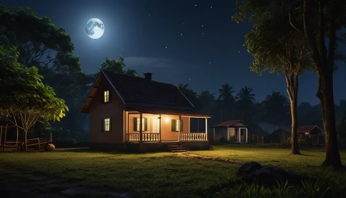 lonely house,night scene,house in the forest,home landscape,little house,small cabin,moonlit night,summer cottage,small house,wooden house,cottage,evening atmosphere,night image,fireflies,beautiful home,the cabin in the mountains,moonlit,cabin,witch's house,hanging moon,Photography,General,Realistic