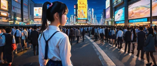 anime 3d,anime japanese clothing,anime cartoon,shibuya crossing,virtual world,girl walking away,2d,panoramical,shibuya,girl in a long,harajuku,world digital painting,anime girl,anime,shinjuku,japanese background,pedestrian,azusa nakano k-on,noodle image,human chain,Art,Artistic Painting,Artistic Painting 03