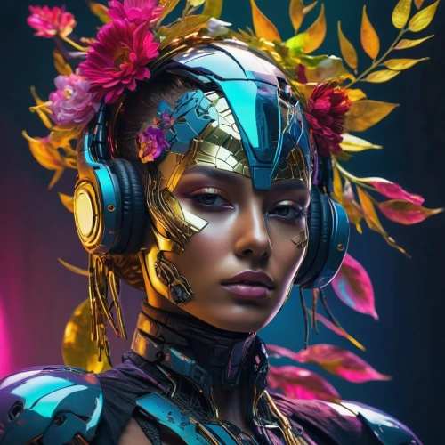 flora,cyborg,fantasy portrait,cyberpunk,masquerade,girl in flowers,colorful floral,tropical bloom,girl in a wreath,echo,pollinate,floral,digital painting,world digital painting,digital art,valerian,neon body painting,floral composition,wreath of flowers,flower fairy,Photography,Artistic Photography,Artistic Photography 08