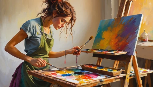 oil painting,painter,painting technique,italian painter,meticulous painting,art painting,woman playing,oil painting on canvas,easel,painting work,painting,artist portrait,fabric painting,oil paint,artist,photo painting,girl in the kitchen,girl with cloth,in a studio,acrylic paints,Illustration,Realistic Fantasy,Realistic Fantasy 04