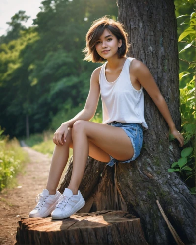 perched on a log,kayano,asian girl,girl in t-shirt,female runner,girl sitting,asian woman,female model,ayu,wooden bench,beautiful legs,phuquy,japanese woman,wooden top,portrait photography,park bench,in shorts,in wood,bench,short,Illustration,Paper based,Paper Based 01