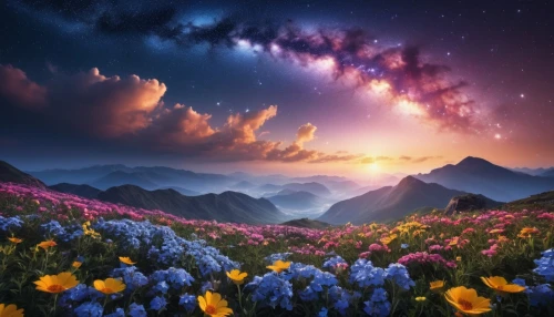 colorful stars,colorful star scatters,cosmic flower,flowers celestial,field of flowers,sea of flowers,flower field,blanket of flowers,fairy galaxy,cosmos field,splendor of flowers,flower background,flowerful desert,cosmos,purple landscape,fantasy landscape,astronomy,magic star flower,the valley of flowers,blooming field,Photography,General,Realistic