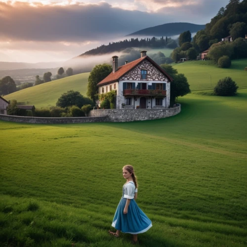 sound of music,country dress,bavarian swabia,fairytale,girl in a long dress,little girl in wind,austria,idyll,fairy tale,switzerland,a fairy tale,eastern switzerland,heidi country,slovenia,slovakia,countrygirl,children's fairy tale,lonely house,thuringia,girl in the garden,Photography,General,Fantasy