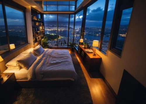 sky apartment,penthouse apartment,bedroom window,sleeping room,canopy bed,great room,luxury bathroom,luxury hotel,crib,luxury,loft,luxury suite,hotel room,window view,romantic night,above the city,modern room,bedroom,dreamy,guest room