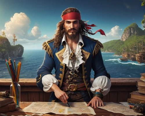 pirate treasure,east indiaman,caravel,pirate,portrait background,massively multiplayer online role-playing game,ball fortune tellers,galleon,saranka,collectible card game,lavezzi isles,rum,game illustration,pirates,cg artwork,steam release,piracy,background images,leonardo devinci,french digital background,Illustration,Realistic Fantasy,Realistic Fantasy 17