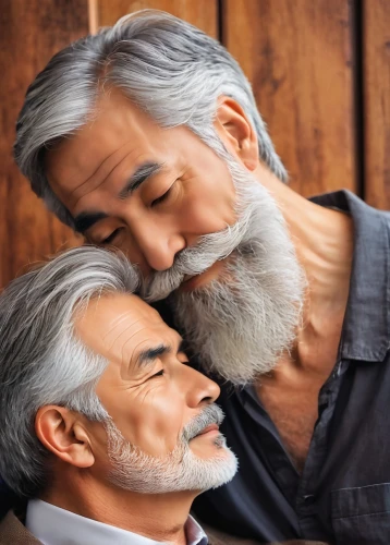 gay love,silver fox,personal grooming,old couple,gay men,gay couple,glbt,man love,barbershop,white beard,follicle,management of hair loss,father's love,barber,inter-sexuality,whispering,romantic portrait,anti aging,man and boy,elderly people,Illustration,Japanese style,Japanese Style 04