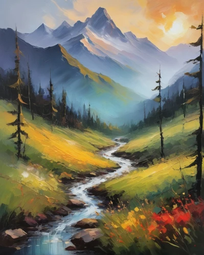 mountain landscape,salt meadow landscape,autumn mountains,landscape background,mountain scene,mountain sunrise,mountain meadow,fall landscape,mountainous landscape,autumn landscape,nature landscape,denali,painting technique,alpine meadow,mountain stream,mountains,flowing creek,mountain valley,meadow landscape,alpine sunset,Illustration,American Style,American Style 06