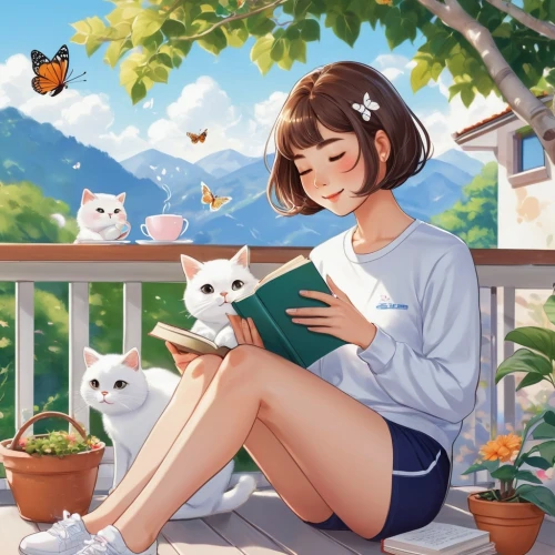 girl studying,reading,reading owl,bookworm,chara,relaxing reading,readers,studio ghibli,read a book,sci fiction illustration,author,cat's cafe,novels,cat lovers,little girl reading,game illustration,books,cat mom,kids illustration,illustrations,Illustration,Japanese style,Japanese Style 01