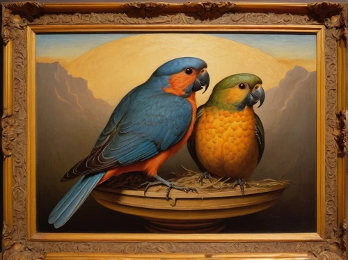 bird painting,lazuli bunting,golden parakeets,parrot couple,budgies,blue parakeet,bird couple,passerine parrots,songbirds,blue and gold macaw,blue parrot,budgie,parakeets,bird frame,lovebird,blue and yellow macaw,parrots,yellow-green parrots,parakeet,society finches,Illustration,Retro,Retro 19