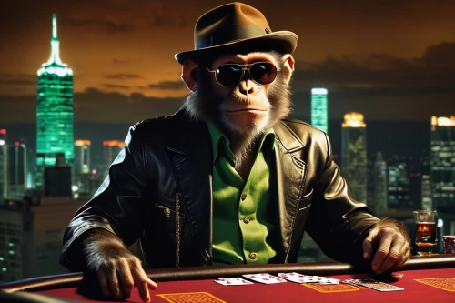 dice poker,gambler,poker,poker set,poker table,las vegas entertainer,blackjack,gamble,banker,stock broker,pool player,chimpanzee,dealer,chimp,game illustration,primate,roulette,the monkey,bar billiards,billiard table,Illustration,Japanese style,Japanese Style 09