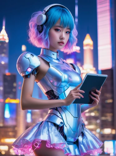 hatsune miku,e-reader,cosplay image,book electronic,hk,cyberpunk,siu mei,ai,cosplayer,girl at the computer,rei ayanami,holding ipad,chat bot,chongqing,asian costume,shanghai,e-book,chatbot,anime girl,e-book readers,Illustration,Realistic Fantasy,Realistic Fantasy 18