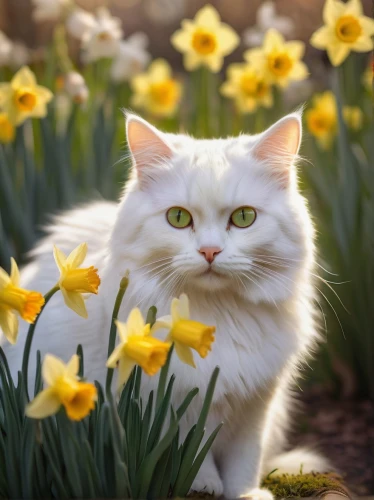 flower cat,daffodils,daffodil,white cat,turkish angora,blossom kitten,daffodil field,flower animal,springtime background,spring unicorn,turkish van,cute cat,american curl,spring background,norwegian forest cat,spring nature,novruz,yellow daffodil,springtime,cat image,Conceptual Art,Fantasy,Fantasy 17