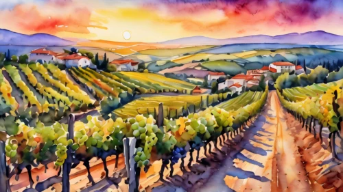watercolor wine,vineyards,sonoma,napa,wine region,wine country,tuscan,napa valley,vineyard,passion vines,castle vineyard,southern wine route,viticulture,grape plantation,grape vines,provence,winemaker,grapevines,high rhône valley,wine harvest,Illustration,Paper based,Paper Based 24