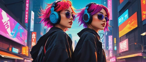 cyberpunk,anime 3d,music background,neon ghosts,neon arrows,neon candies,harajuku,noodle image,headphone,world digital painting,headsets,colorful city,gangneoung,anime cartoon,neon lights,anime japanese clothing,headphones,neon colors,tokyo city,tokyo ¡¡,Conceptual Art,Fantasy,Fantasy 12