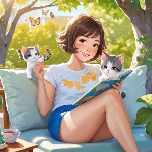 relaxing reading,game illustration,cat's cafe,girl studying,reading,kittens,cat lovers,domestic short-haired cat,mari makinami,playmat,honmei choco,cat mom,tea party cat,idyllic,pet,pets,japanese bobtail,summer day,bookworm,cat resting,Illustration,Japanese style,Japanese Style 01