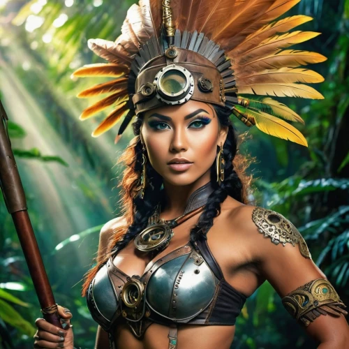 warrior woman,polynesian girl,indian headdress,pocahontas,feather headdress,female warrior,headdress,polynesian,tribal chief,native american,asian costume,ancient costume,indonesian women,american indian,shamanic,tribal,peruvian women,ancient people,indian woman,balinese,Conceptual Art,Fantasy,Fantasy 25