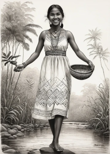 polynesian girl,woman at the well,indian woman,ceylon tea,woman holding pie,fetching water,basket weaver,aborigine,anmatjere women,girl with bread-and-butter,african woman,indian girl,kerala,cienaga de zapata,tusche indian ink,girl with cloth,crocodile woman,girl on the river,pongal,girl with cereal bowl,Illustration,Paper based,Paper Based 03
