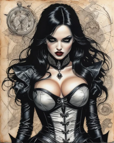 gothic woman,steampunk,gothic portrait,corset,vampire woman,goth woman,dark angel,gothic fashion,sorceress,fantasy woman,breastplate,gothic style,gothic,the enchantress,vampire lady,fantasy art,huntress,seven sorrows,femme fatale,jigsaw puzzle,Illustration,Abstract Fantasy,Abstract Fantasy 05