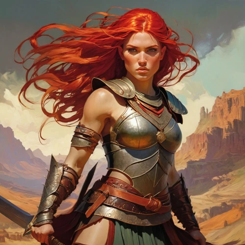 female warrior,fantasy woman,warrior woman,fiery,heroic fantasy,fantasy portrait,fantasy warrior,artemisia,wind warrior,strong woman,joan of arc,paladin,merida,strong women,swordswoman,celtic queen,cg artwork,head woman,elaeis,red-haired,Conceptual Art,Fantasy,Fantasy 18