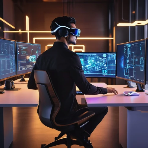 cyber glasses,cyberpunk,computer room,man with a computer,neon human resources,computer desk,vr headset,wireless headset,new concept arms chair,computer workstation,modern office,engineer,virtual reality headset,night administrator,headset,fractal design,cyber,futuristic,barebone computer,monitors,Conceptual Art,Oil color,Oil Color 14