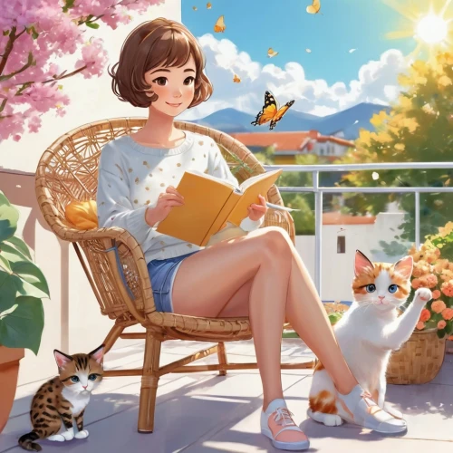 cat's cafe,japanese sakura background,mari makinami,summer day,spring background,reading,sakura background,miku maekawa,idyllic,girl studying,relaxing reading,springtime background,cg artwork,sakura florals,game illustration,little girl reading,flower and bird illustration,honmei choco,cat lovers,author,Illustration,Japanese style,Japanese Style 01