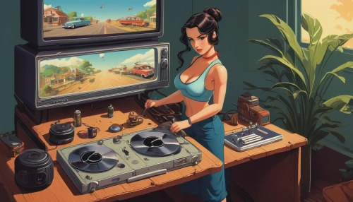 game illustration,retro girl,sega genesis,retro women,camera illustration,sega mega drive,retro woman,girl at the computer,record player,vinyl player,retro styled,retro items,retro music,croft,consoles,retro technology,game art,phonograph,sega game gear,retro turntable,Illustration,Children,Children 03