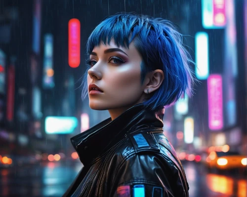 cyberpunk,blue hair,electric blue,blue rain,blu,indigo,midnight blue,gentiana,aqua,futuristic,pixie-bob,neon lights,azure,pixie cut,punk,persona,asymmetric cut,violet,mohawk,semi-profile,Photography,Artistic Photography,Artistic Photography 06