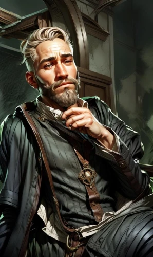 admiral von tromp,steampunk,ship doctor,konstantin bow,male character,cg artwork,pipe smoking,merchant,theoretician physician,crossbones,watchmaker,pirate,merle black,game illustration,pomade,male elf,ocelot,brown sailor,gentleman icons,jack rose