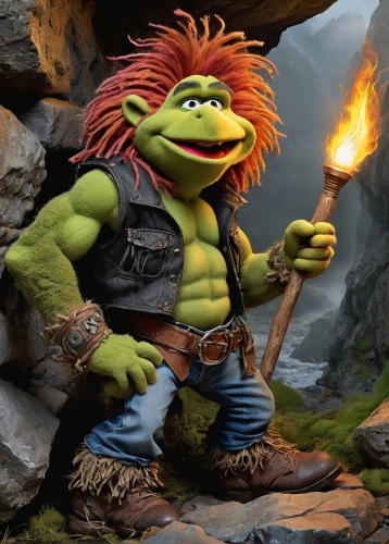 mountain fink,knauel,fire master,fenek,fire background,thrash metal,firebrat,male character,digital compositing,ogre,rock climbing,leonardo,fgoblin,look out,scorch,chromakey,barbarian,crock,dwarf cookin,greek,Illustration,Abstract Fantasy,Abstract Fantasy 23