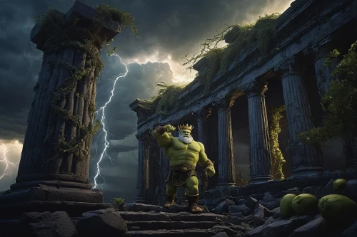 necropolis,artemis temple,valhalla,mausoleum ruins,hulk,avenger hulk hero,digital compositing,druid stone,greyskull,photomanipulation,the ancient world,nature's wrath,ancient city,ruins,zeus,poseidon,photo manipulation,god of thunder,orc,ancient,Illustration,Children,Children 03