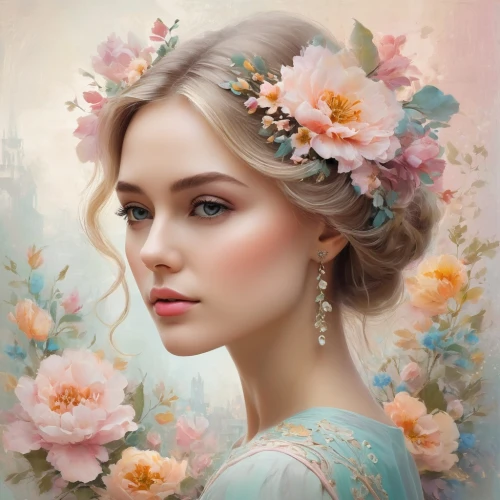 romantic portrait,beautiful girl with flowers,fantasy portrait,floral wreath,girl in flowers,blooming wreath,spring crown,faery,mystical portrait of a girl,flower fairy,wreath of flowers,flower girl,jessamine,fairy queen,flower crown,splendor of flowers,beautiful bonnet,girl in a wreath,elven flower,portrait background,Art,Classical Oil Painting,Classical Oil Painting 18