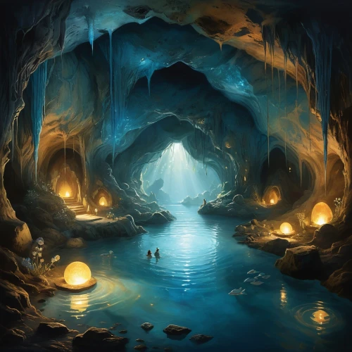 cave on the water,blue cave,the blue caves,blue caves,underground lake,fantasy landscape,sea cave,cave,sea caves,cave tour,fantasy picture,ice cave,pit cave,dungeons,underwater landscape,world digital painting,fantasy art,hollow way,maelstrom,mirror of souls,Illustration,Realistic Fantasy,Realistic Fantasy 16