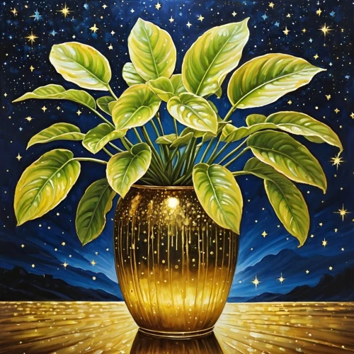 golden pot,golden candle plant,beach moonflower,lantern plant,potted plant,moonflower,golden apple,lily of the nile,starfruit plant,anahata,nightshade plant,oil painting on canvas,star of bethlehem,money plant,golden crown,star-of-bethlehem,lemon tree,houseplant,sacred fig,vase