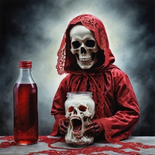 dance of death,pomegranate juice,death's-head,memento mori,vanitas,appetite,poison bottle,transfusion,soft drink,bloody mary,diet soda,the bottle,oil painting on canvas,hunger,dark art,red riding hood,poisonous,death's head,conjure up,red hangover