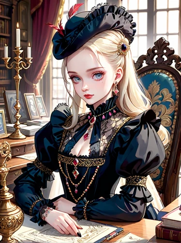 victorian lady,victorian style,victorian,librarian,gothic portrait,baroque,victorian fashion,the victorian era,aristocrat,game illustration,fantasy portrait,girl studying,old elisabeth,angelica,author,tutor,gothic fashion,alice,venetia,fairy tale character,Anime,Anime,General