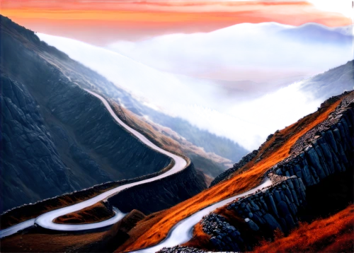 mountain pass,mountain road,mountain highway,the transfagarasan,transfagarasan,alpine drive,steep mountain pass,winding road,mountain landscape,alpine route,winding roads,mountainous landscape,mountain scene,braided river,mountain slope,landscape background,world digital painting,alpine crossing,stelvio,trollstigen,Illustration,Abstract Fantasy,Abstract Fantasy 19