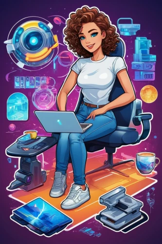 girl at the computer,women in technology,computer icon,computer addiction,computer freak,sci fiction illustration,computer business,game illustration,work from home,social media icon,neon human resources,computer program,blogger icon,illustrator,work at home,computer game,computer graphics,bussiness woman,freelancer,computer,Unique,Design,Sticker