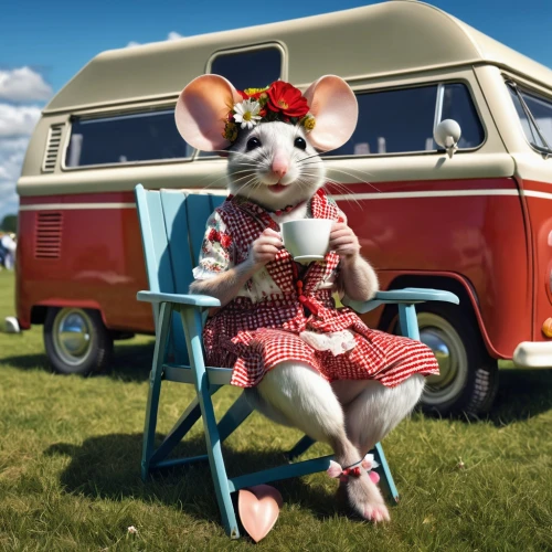 vintage mice,campervan,musical rodent,rockabella,wind-up toy,camper,easter festival,summer fair,camper van,lawn ornament,vwbus,circus animal,white footed mice,caravanning,rat na,american snapshot'hare,rving,car hop,pin-up model,mouse
