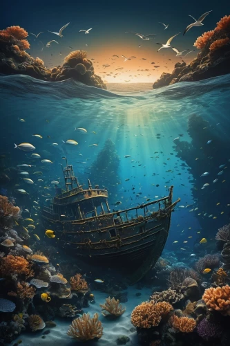 underwater landscape,shipwreck,sunken boat,underwater background,ocean underwater,boat landscape,fantasy picture,sunken ship,sea landscape,world digital painting,the endless sea,the shallow sea,ocean background,open sea,sea,exploration of the sea,boat on sea,sea fantasy,adrift,ocean floor,Illustration,Black and White,Black and White 15